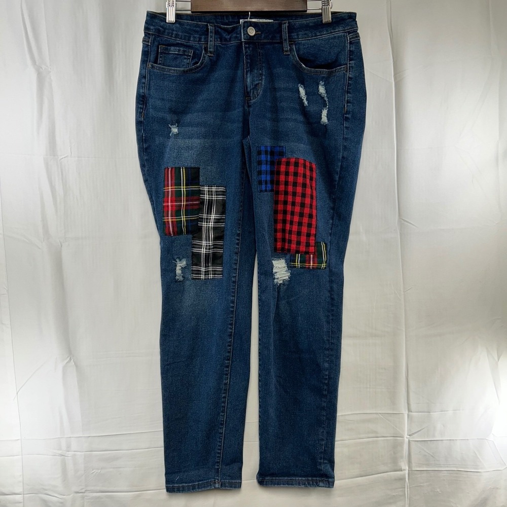 EST. 1946 Denim Jeans Women 12 Blue Plaid Patchwork Distressed Low Rise Straight